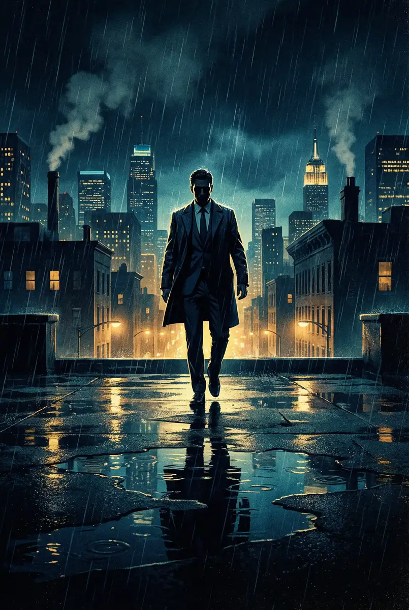 皇涩网站大全 出品影片《雨夜独行者》海报，雨中城市屋顶男性剪影